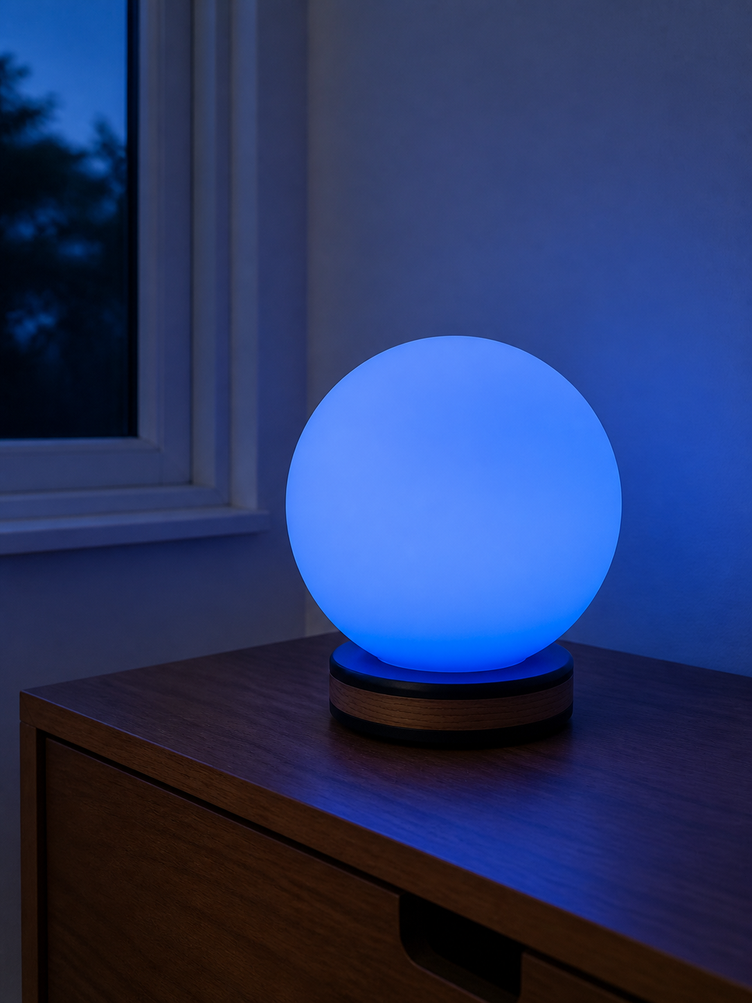 Stormdrop glowing blue beside a window