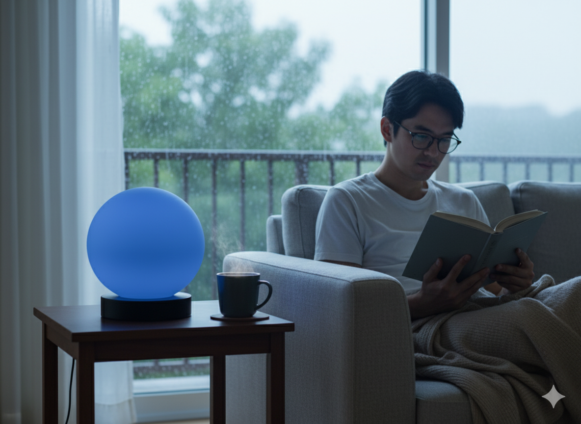 A person reading beside a blue Stormdrop Lamp while rain falls outside