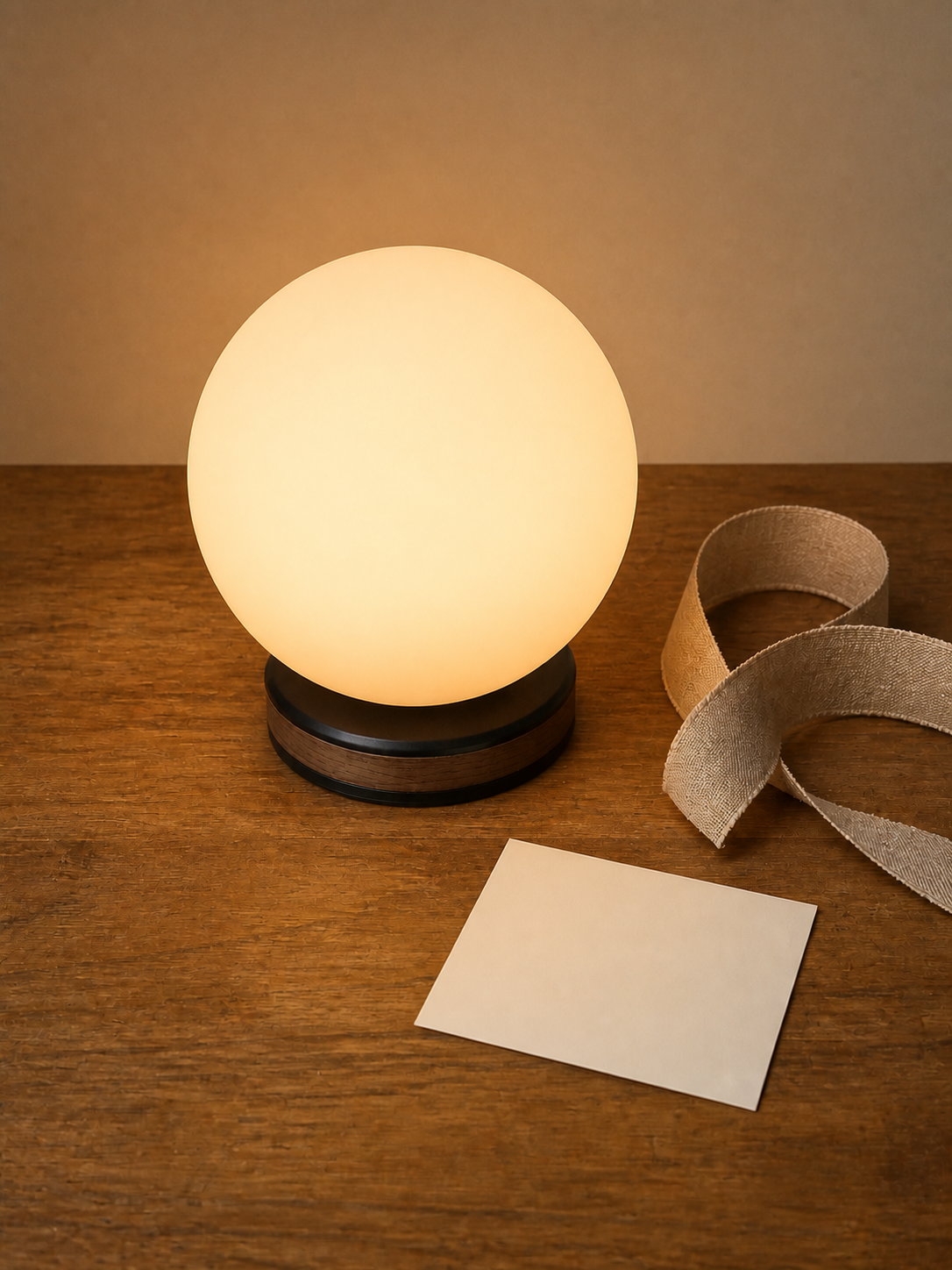Stormdrop Lamp glowing amber beside a loose ribbon and blank card