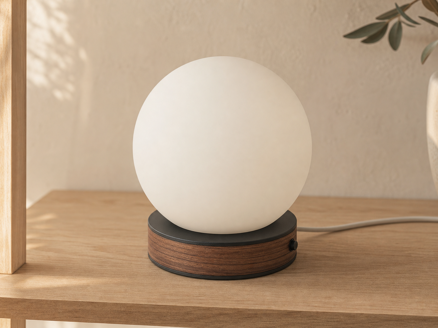 Stormdrop lamp with a walnut band and charcoal trim on a wooden shelf